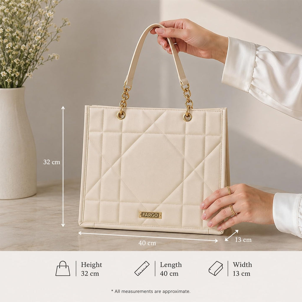 Fargo Matrix Tote Bag for Women | Vegan Leather Handbag with 15-Inch Laptop Compartment, Smooth Zip | Stylish Office, College & Daily Use Tote | Made in India (Ivory)