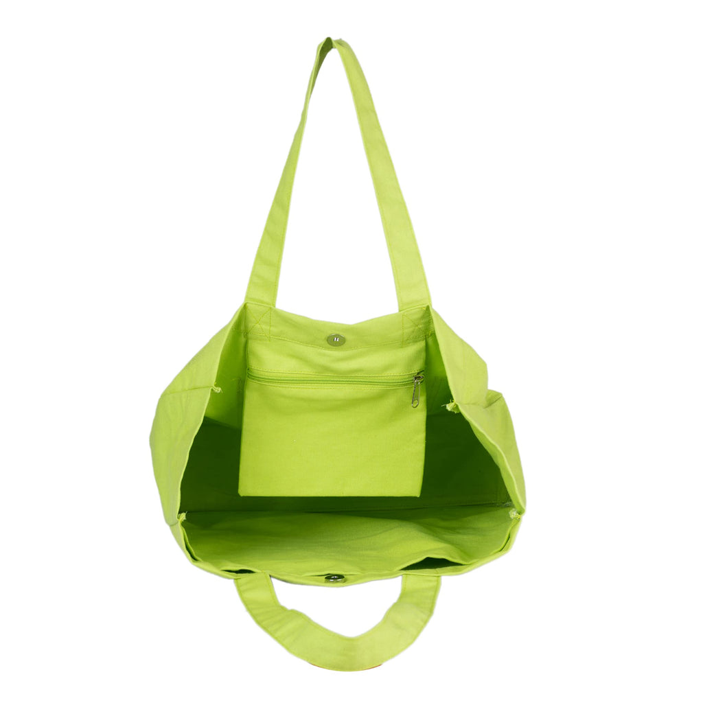 AQVA Cotton Canvas Tote Bag for Women & Girls | Shoulder Bag with Magnetic Button Closure & Solid Colour | Multipurpose Shopping, Travel, Beach, Office Bag | Good Gift Choice for Women (Lime)
