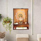 9br® Mangal Beautiful Wooden Pooja Stand for Home Pooja Mandir for Home Temple for Home and Office with LED Spot Light Size (H-15.5, L-11.5, W-11 Inch) (Pack of 1)
