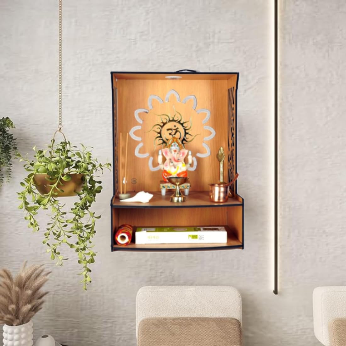 9br® Mangal Beautiful Wooden Pooja Stand for Home Pooja Mandir for Home Temple for Home and Office with LED Spot Light Size (H-15.5, L-11.5, W-11 Inch) (Pack of 1)