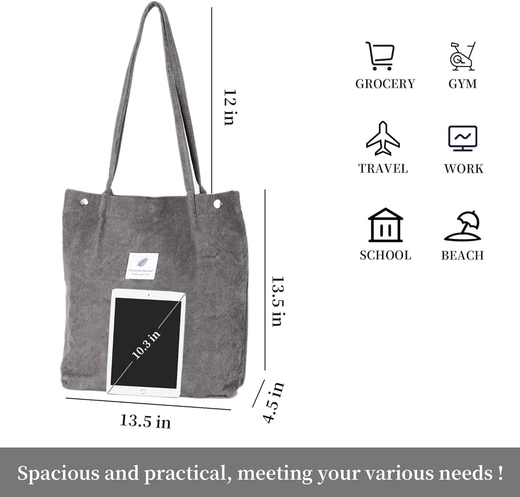 Street27 Womens Korean Canvas Corduroy Tote Bag Casual Work Shoulder Handbags|Multi-Purpose Bag |Sturdy Canvas Bag With Large Capacity|Shopping Bag For Office,College & Daily Use (Dark Grey)