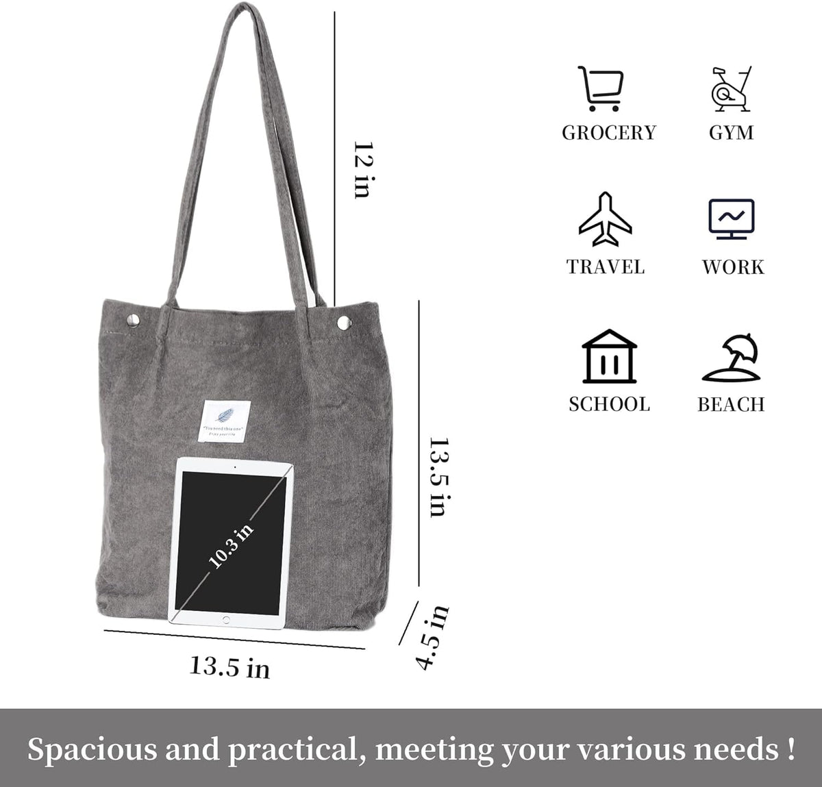 Street27 Womens Korean Canvas Corduroy Tote Bag Casual Work Shoulder Handbags|Multi-Purpose Bag |Sturdy Canvas Bag With Large Capacity|Shopping Bag For Office,College & Daily Use (Dark Grey)