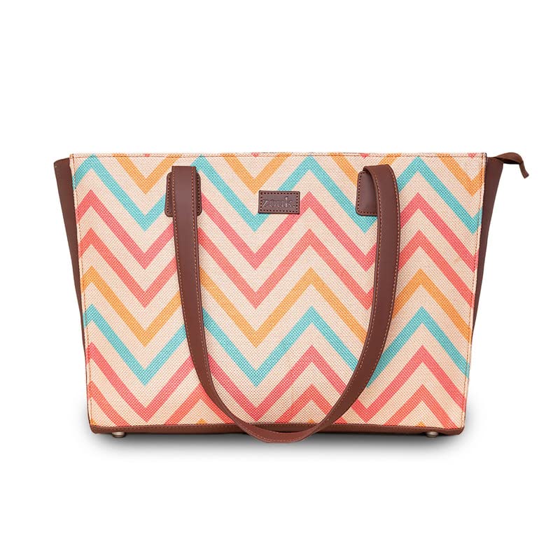 ZOUK WavBeach Wave Printed Jute Handcrafted Vegan Leather Women's Multicolor Structured Tote Bag Contemporary