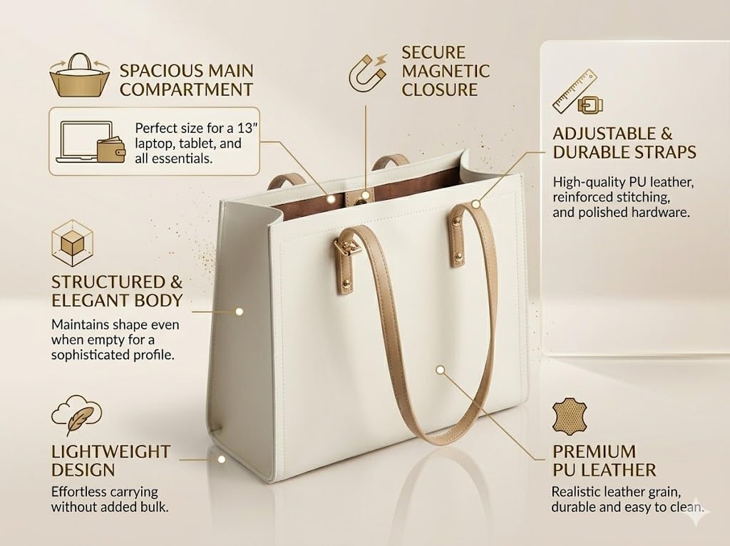 PAVILONN Tote Bag for Women PU Leather Handbag Ladies Shoulder Purse Office Shopping Travel Carryall Large Capacity Fashion Daily Use Girls Tote Bag (WHITE)