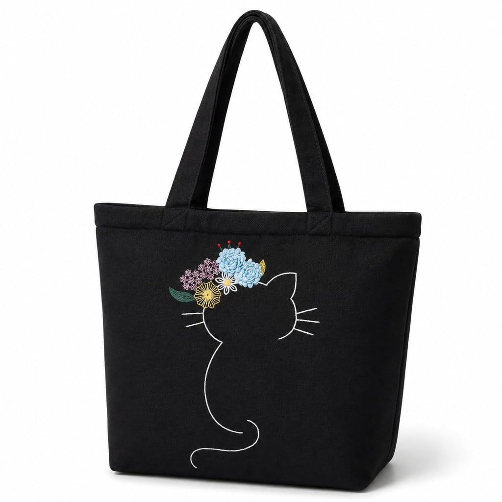 MASQ Premium ToteBag for Women with Zipper | Embroidered Foldable Shoulder Bag with Multiple Pockets | Spacious Handbag for College & Office | Eco-Friendly & Reusable (AP_TB_Tiaraa_Cat_01)