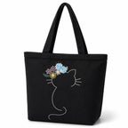 MASQ Premium ToteBag for Women with Zipper | Embroidered Foldable Shoulder Bag with Multiple Pockets | Spacious Handbag for College & Office | Eco-Friendly & Reusable (AP_TB_Tiaraa_Cat_01)