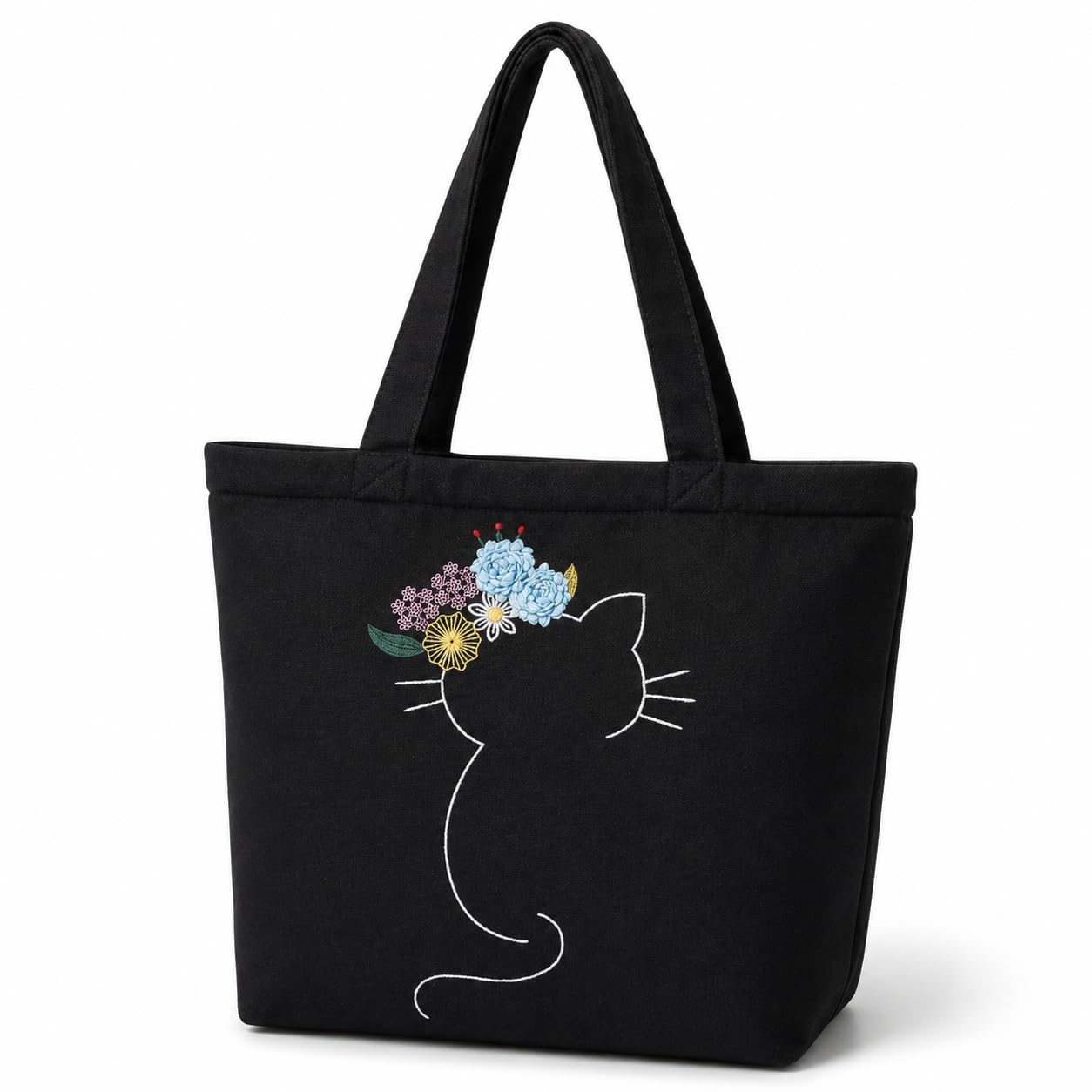 MASQ Premium ToteBag for Women with Zipper | Embroidered Foldable Shoulder Bag with Multiple Pockets | Spacious Handbag for College & Office | Eco-Friendly & Reusable (AP_TB_Tiaraa_Cat_01)
