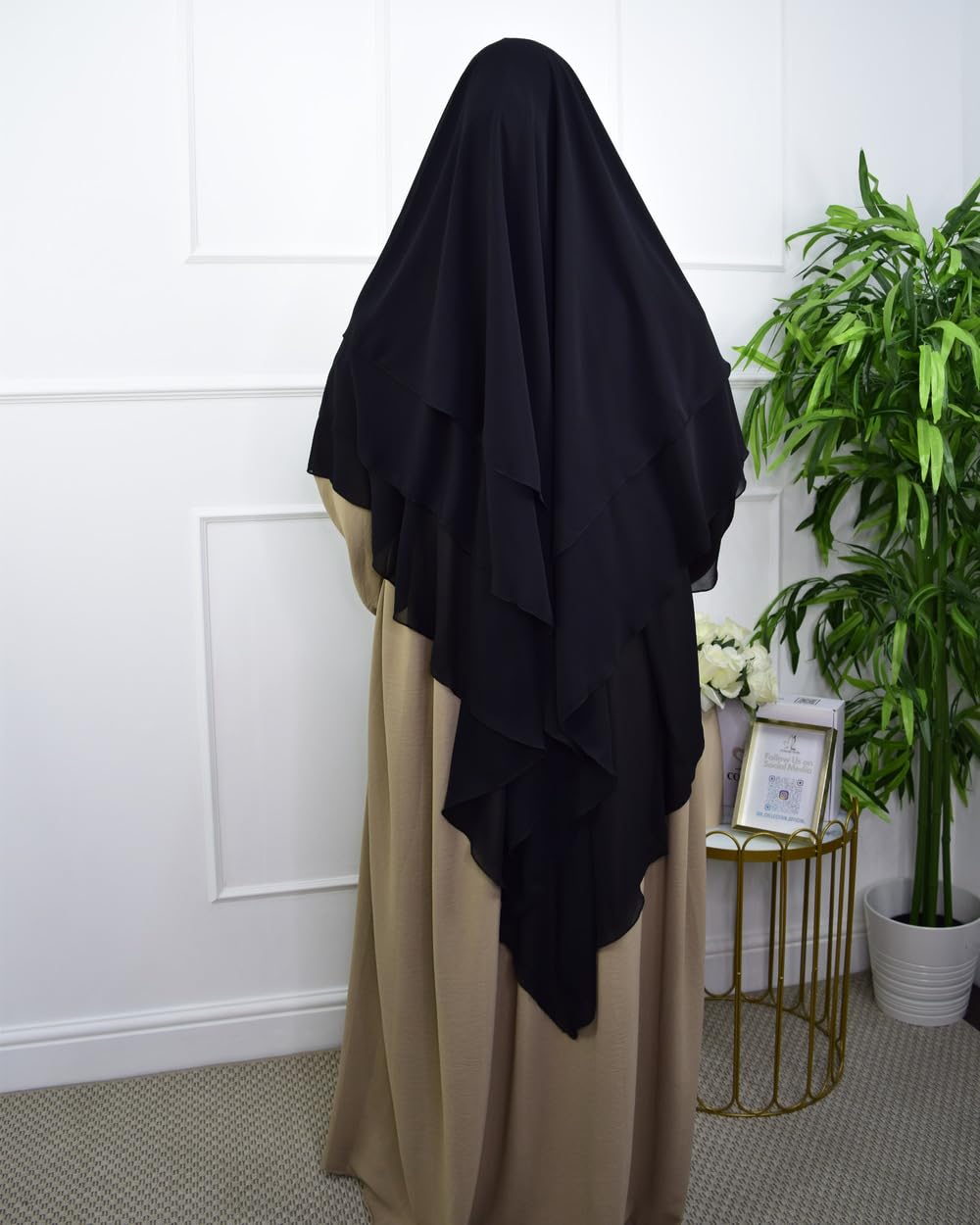 Triple Layer Khimar Hijab, Black Chiffon, Full Length Islamic Prayer Scarf