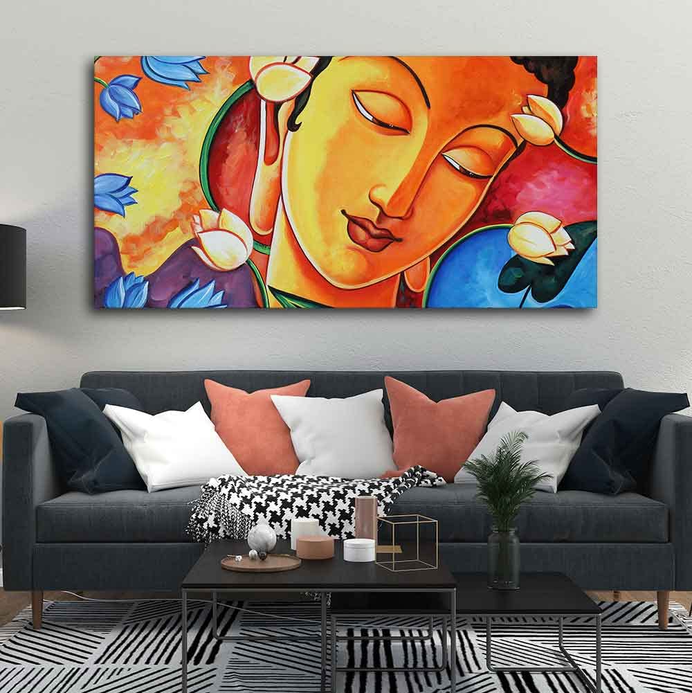VIBECRAFTS Canvas Paintings for Living Room Drawing Room Abstract Wall Painting of Spiritual Buddha Fitted with Wooden Frame for Home|Office|Gift(PTVCH_2282)