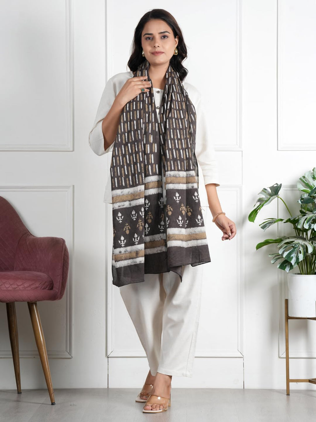 RAI SAHAB Women's Cotton Hand Block Printed Casual Stoles/Scarf(ST-84BLK10)