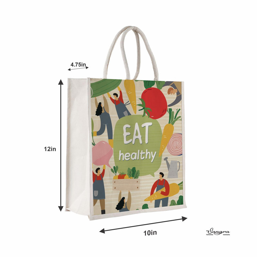 Sangra Canvas Reusable Bags for School, College, Lunch Bag for Office for Men and Women, Grocery Shopping Bag, Multi-Purpose Bag, Sturdy Handle With Zipper Lock (Pack of Two) (Eat Healthy)