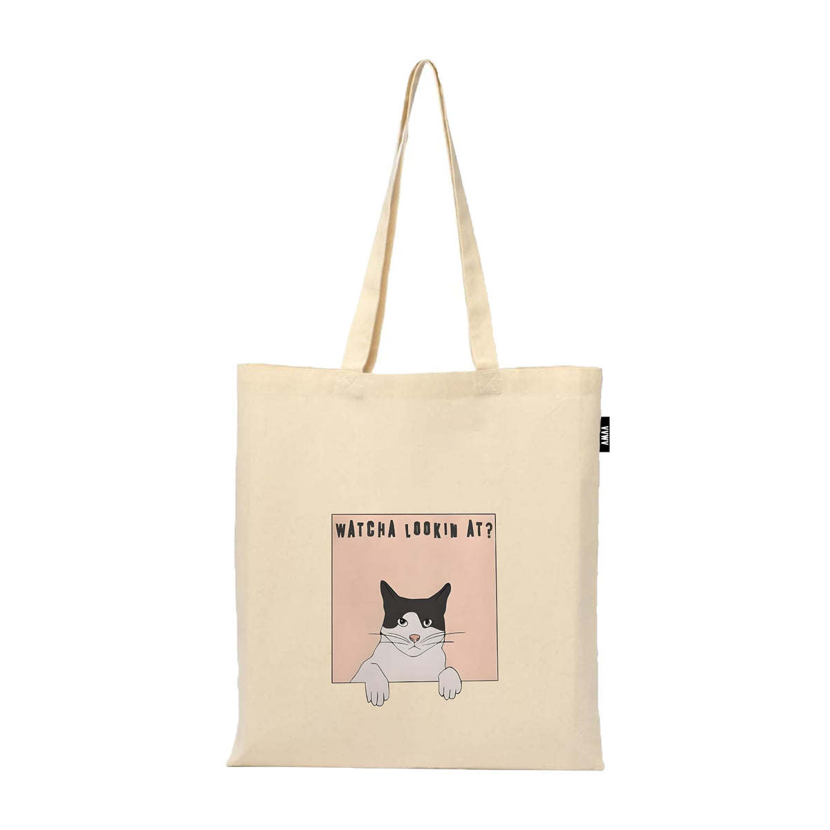 VVWV Watcha Lookin At? Cute Printed Reusable Tote Bags | 100% Organic Cotton Shopping/Grocery Bag | Multi-Purpose Bag | Sturdy Canvas Bag with 15kgs Capacity | Single Pack (13 x 15.7 Inch)