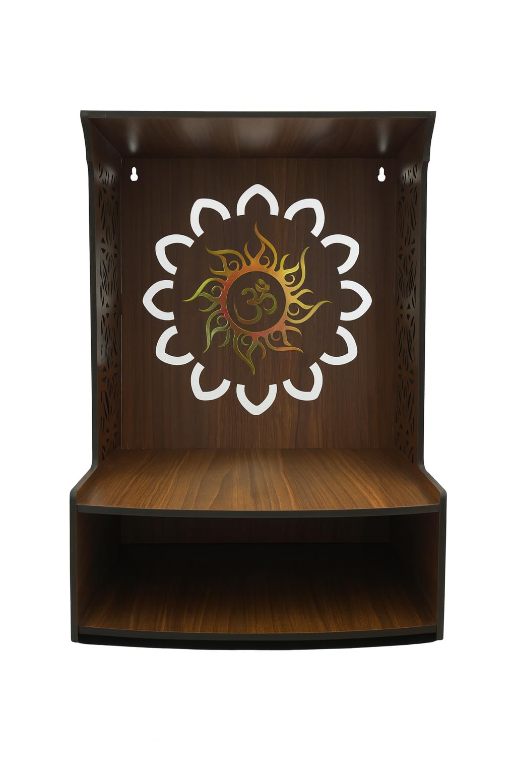 WIZZARTPRINTS Beautiful Wooden Pooja Stand for Home Mandir with LED Spot Light | Wall Mounted Temple for Home and Office | Compact Wooden Puja Mandir Desing 2