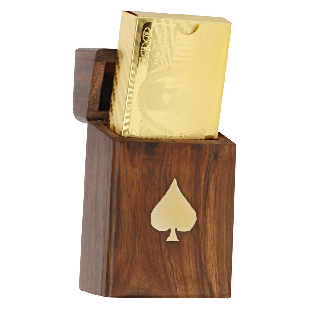 ARTVARKO Golden Playing Card with Handmade Rosewood/Sheesham Wood Brass Inlay Box Holder for Single Deck Decorative Storage.
