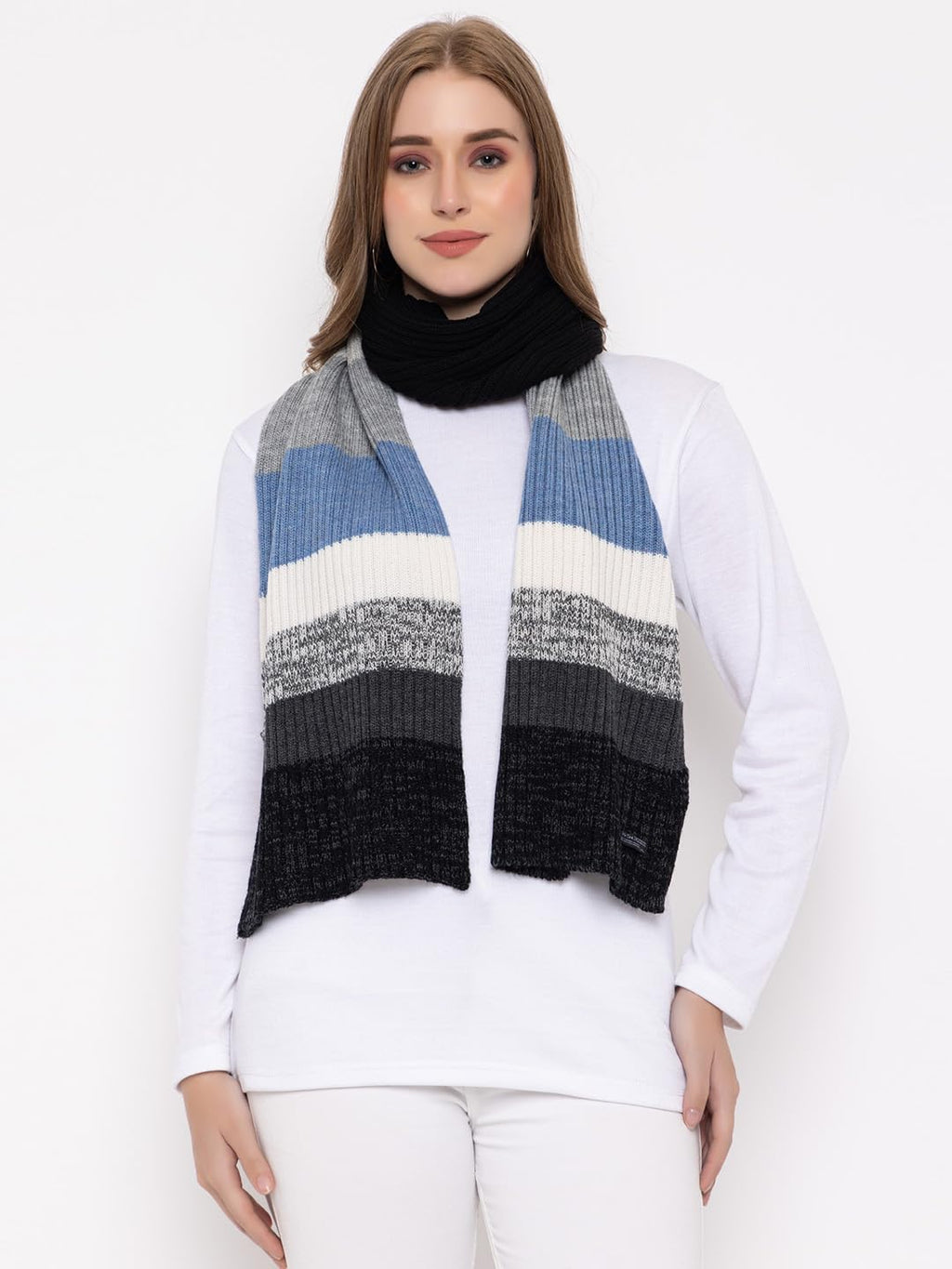 513 Women's Acrylic Woolen Color Block Casual Warm Winter Wear Muffler Scarf Stole