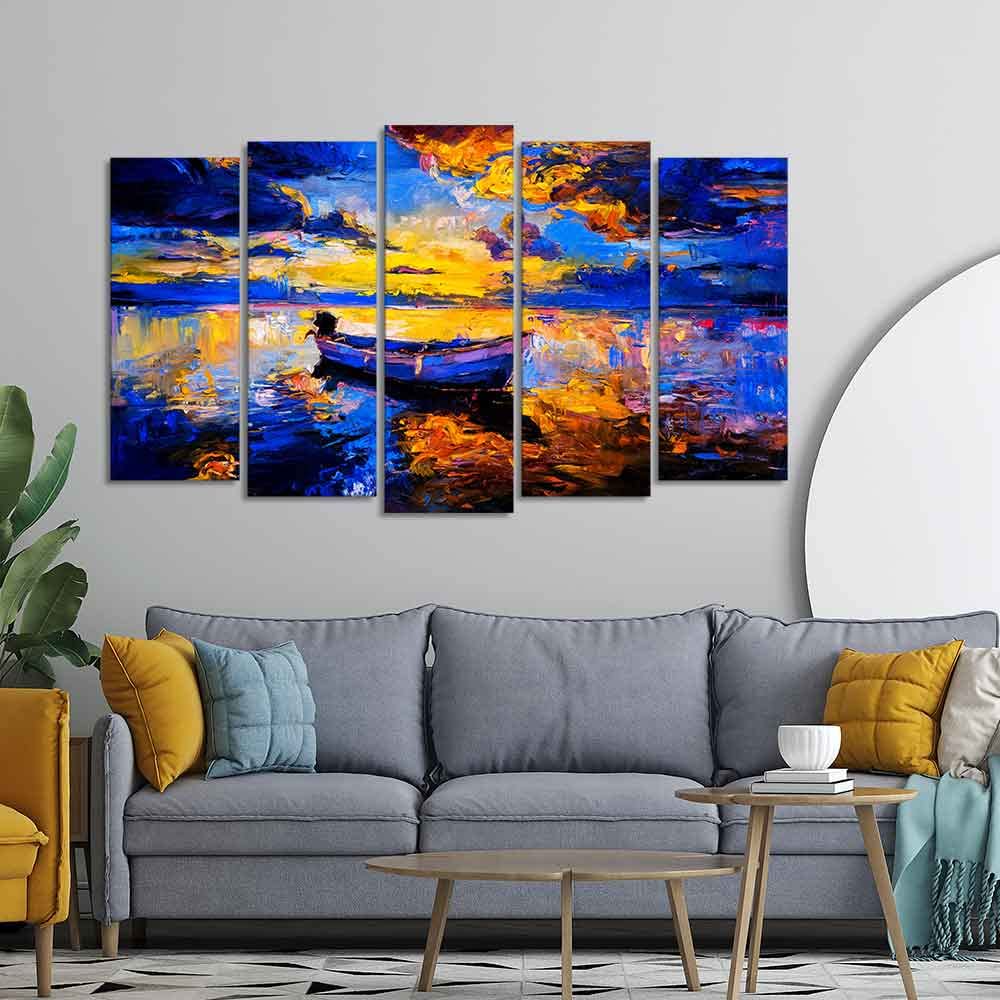 VIBECRAFTS Boat at Colorful Sunset Canvas Wall Painting of Five Pieces For Home|Office|Living Room|Gift (PTVC5Pcs2_6525)