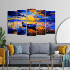 VIBECRAFTS Boat at Colorful Sunset Canvas Wall Painting of Five Pieces For Home|Office|Living Room|Gift (PTVC5Pcs2_6525)
