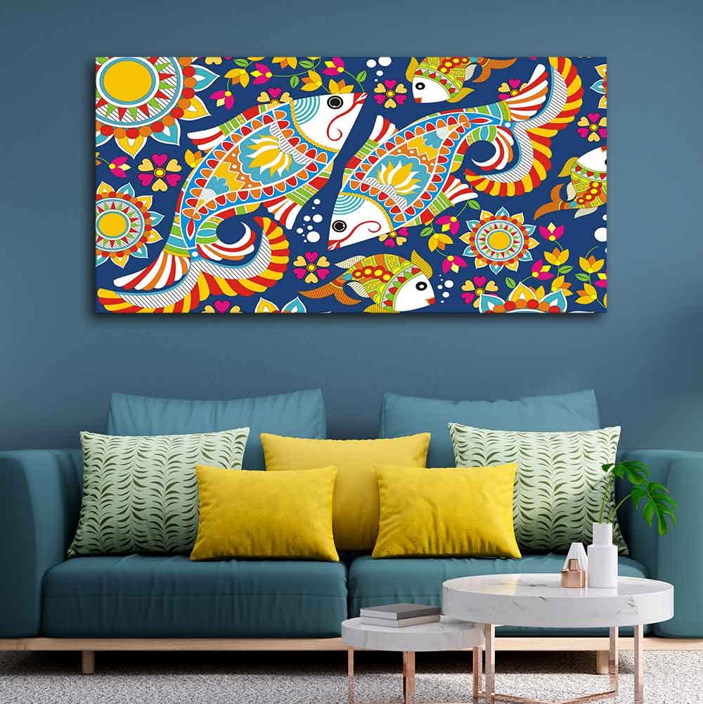VIBECRAFTS Canvas Paintings for Living Room Drawing Room Madhubani Art Canvas Wall Painting Fitted With Wooden Frame for Home | Office | Gift (PTVCH_2405)
