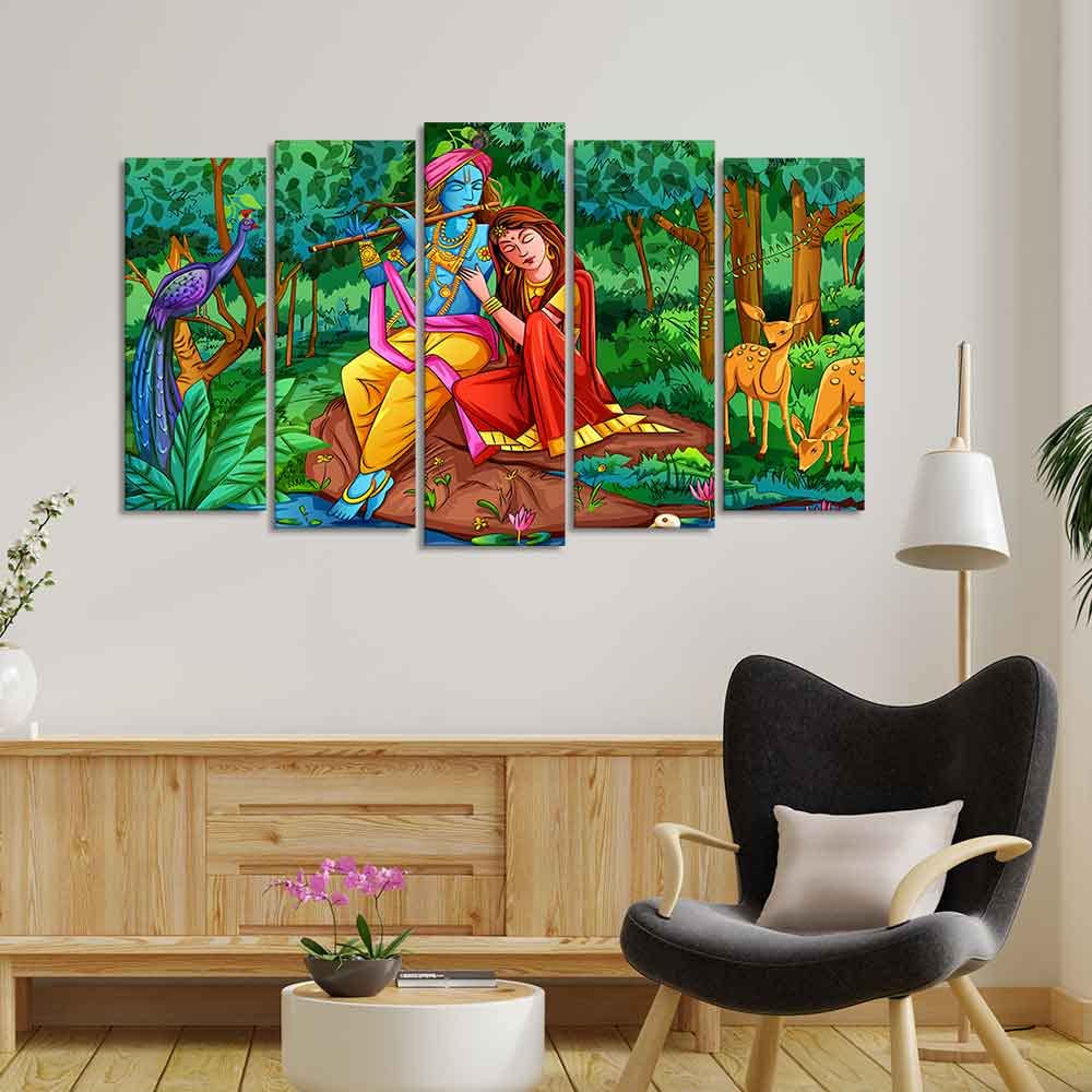 VIBECRAFTS Radha Krishna in Forest Wall Painting of Five Pieces For Home|Office|Living Room|Gift (PTVC5Pcs2_6540)