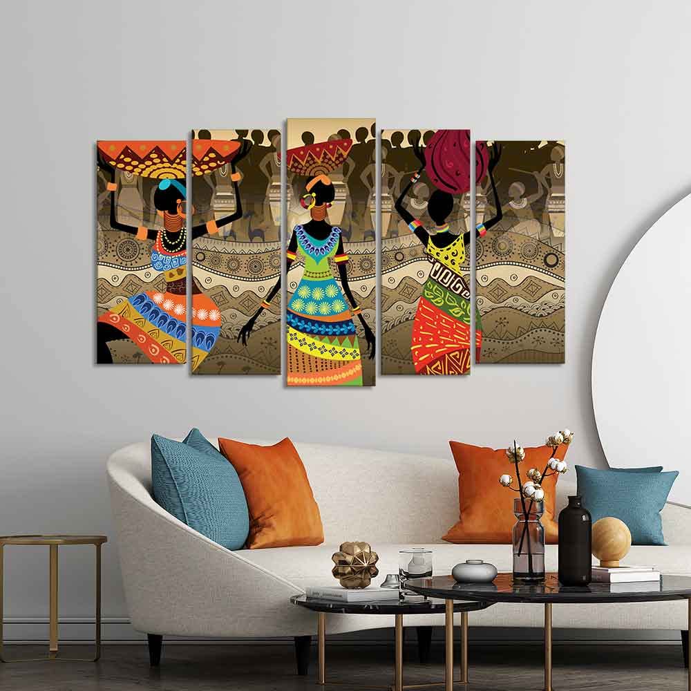 VIBECRAFTS Premium Canvas Wall Painting of African Warli Art Set of Five Pieces For Home|Office|Living Room|Gift (PTVC5Pcs2_6634N)