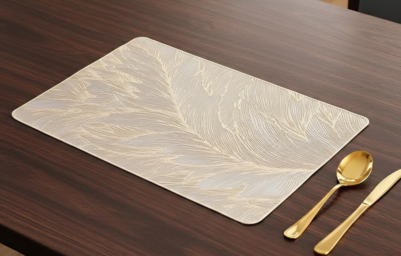 Table Placemats Elegant Light Golden Color with Stunning 3D Embossed Design | Durable, Waterproof & Stylish Dining Decor (Modern Rectangle, Pack of 4) Kafalo