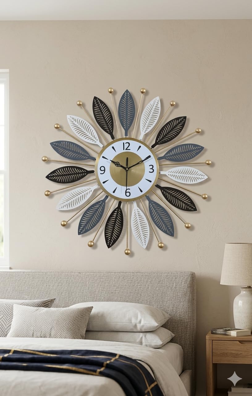 Mahira Artefacts Premium 3D Metal Leaf Art Wall Clock - Elegant Silent Non-Ticking Decorative Clock for Home & Gift