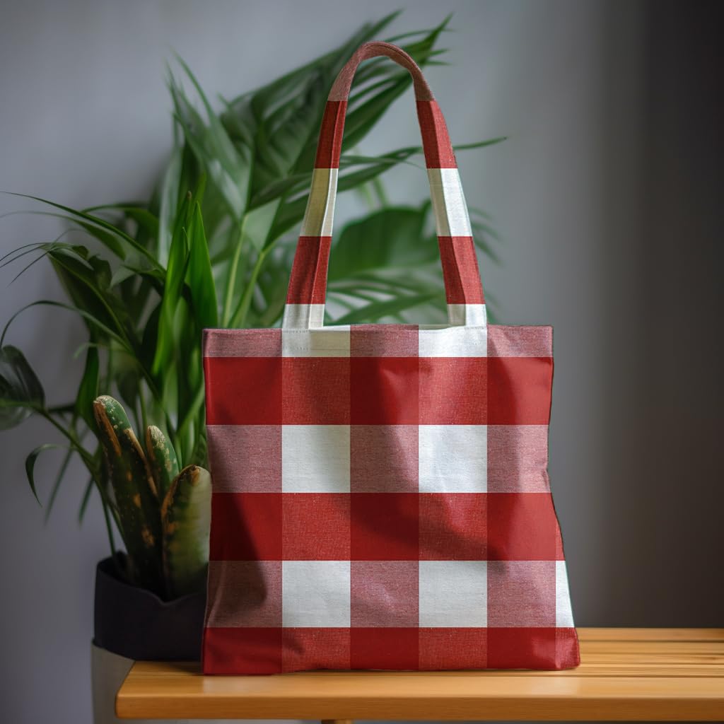 Encasa XO Cloth Tote Bag (Pack of 2) - Buffalo Red + Blue Checks Colour Canvas Cotton Bag | Reusable-Multi-Pack with Strong 13 Handle | Holds 15 Kgs | Multipurpose Grocery Carry Bag For Men & Women