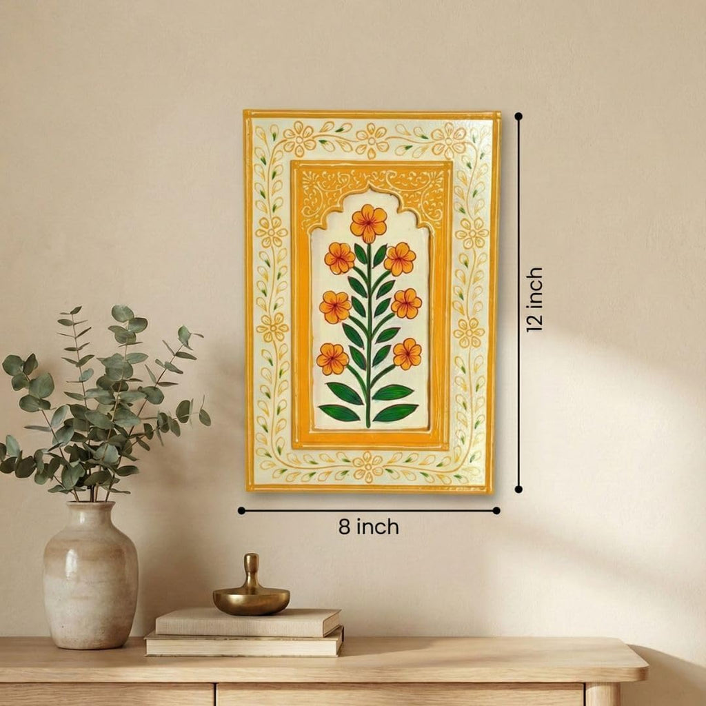 ATRANGI STUDIO Marigold Yellow Wooden Wall Frame | Handpainted Jharokha Style Floral Wall Hanging | Rajasthani Traditional Art | Framed Wall Painting for Living room, Bedroom, Office | 12×8 Inch