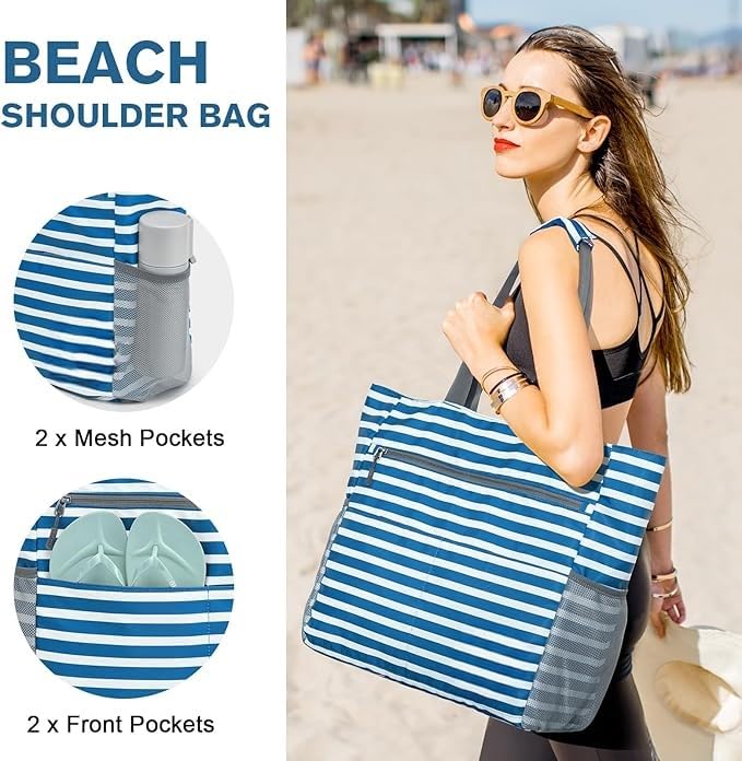 hirTa Gab Tote Bag with Makeup Pouch for Teacher Women Office Girls Work Multipurpose HandBag with Zipper Pocket Mostly Use for Travel Grocery Beach Hobo Diaper Changing Sandproof Pool (White Blue)