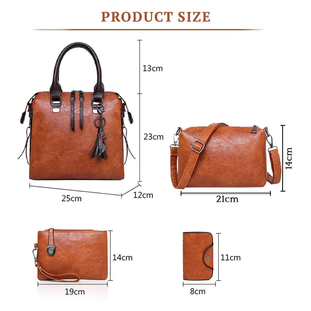 SYGA Pack Of 4 Women Handbag Set,Pu Leather Handbag With Crossbody Bag, Clutch Bag And Credit Card Holder Tote Bag (Brown)
