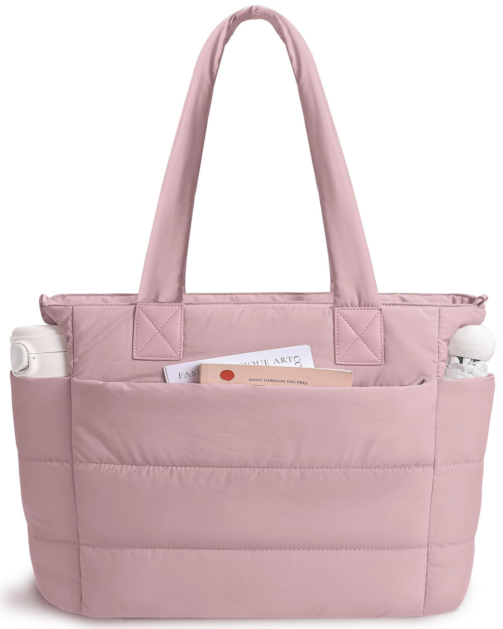 Tote Bag for Women Puffer Tote Bag Large Nurse Bags Shoulder Handbag with Zipper for Work Travel, Dark Pink, 16.3 x 6.3 x 12 inches