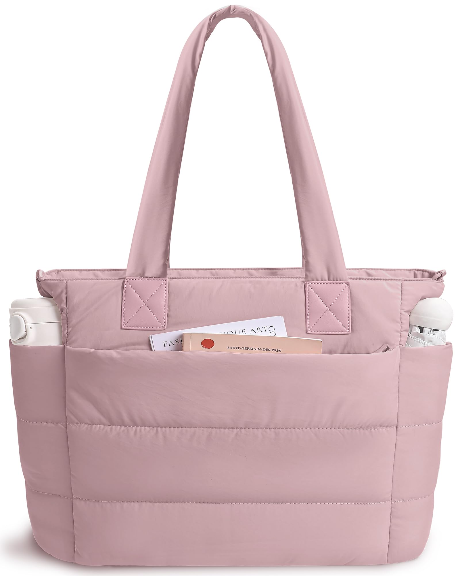 Tote Bag for Women Puffer Tote Bag Large Nurse Bags Shoulder Handbag with Zipper for Work Travel, Dark Pink, 16.3 x 6.3 x 12 inches