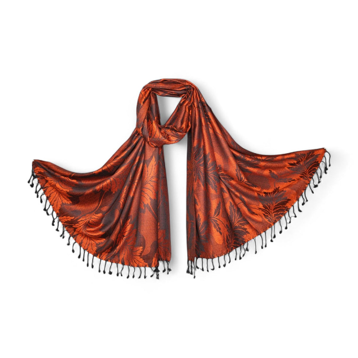 STOLE STUDIO Embellished Leaf Luxurious Viscose Stole Scarf (Black/Orange)