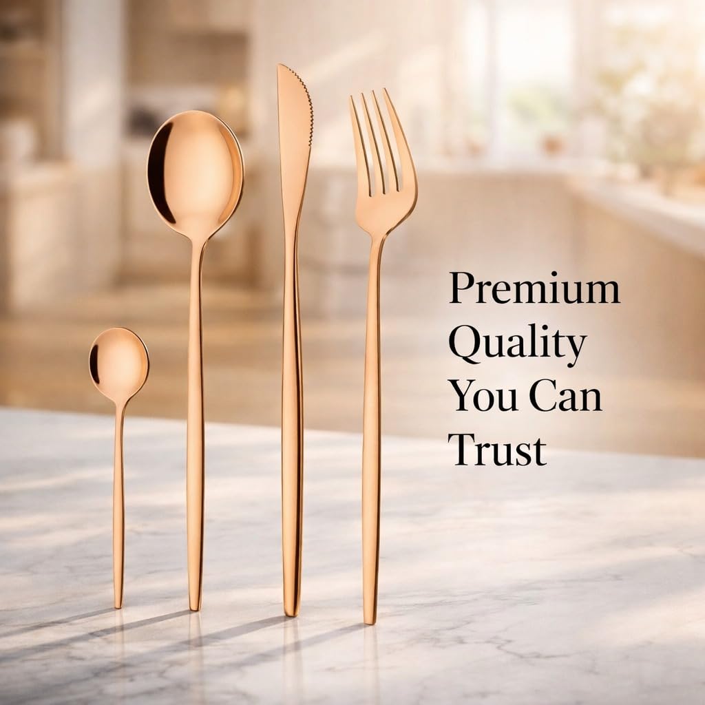 ANH MART Mirror Finish Rose Gold Plated Stainless Steel Flatware Set Copper Silverware Set Spoon Color Cutlery Set [Dinner Fork-Tea Spoon-Salad Spoon-Knife] Set of (Rose Gold 20)