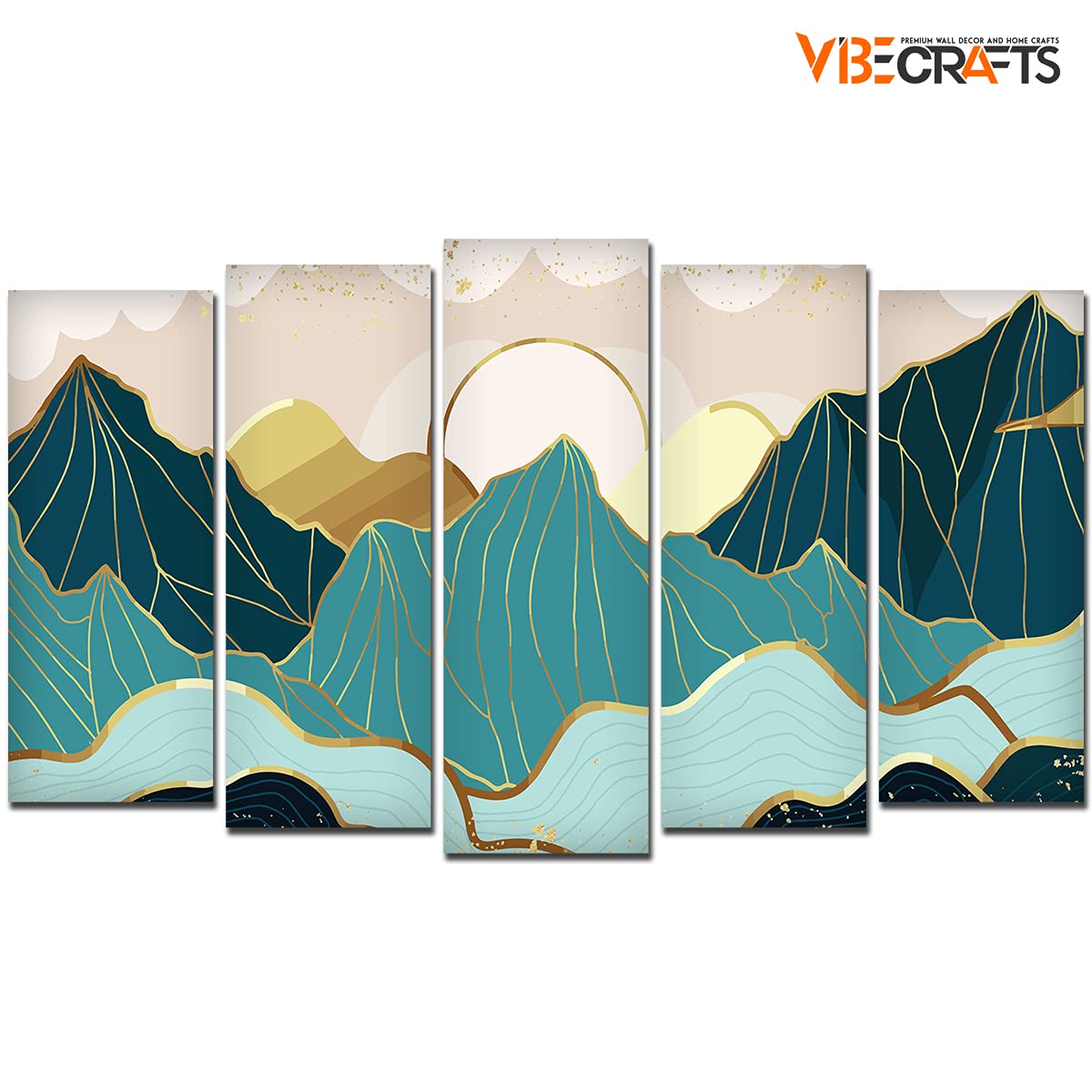 VIBECRAFTS Abstract Mountains with Sunrise Background 5 Pieces Canvas Wall Painting For Home|Office|Living Room|Gift (PTVC5Pcs2_6503)