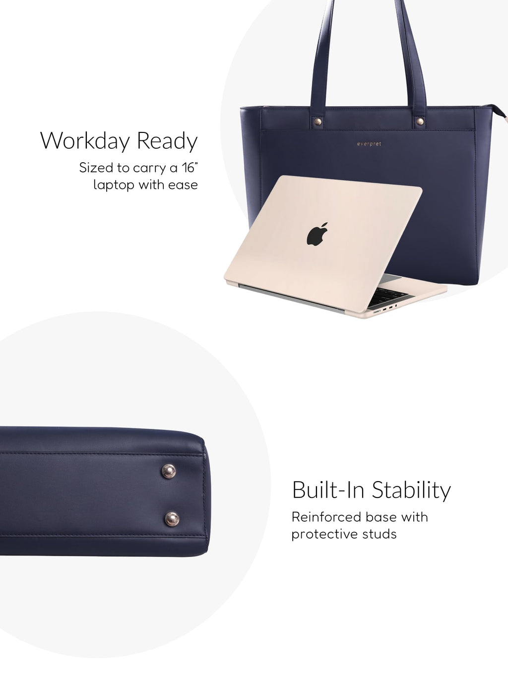 Everpret Premium Work Tote Bag for Women with 16-Inch Laptop Compartment | Vegan Leather Office Travel Handbag with Trolley Sleeve, Water Bottle Pocket & Organized Compartments | Navy Blue