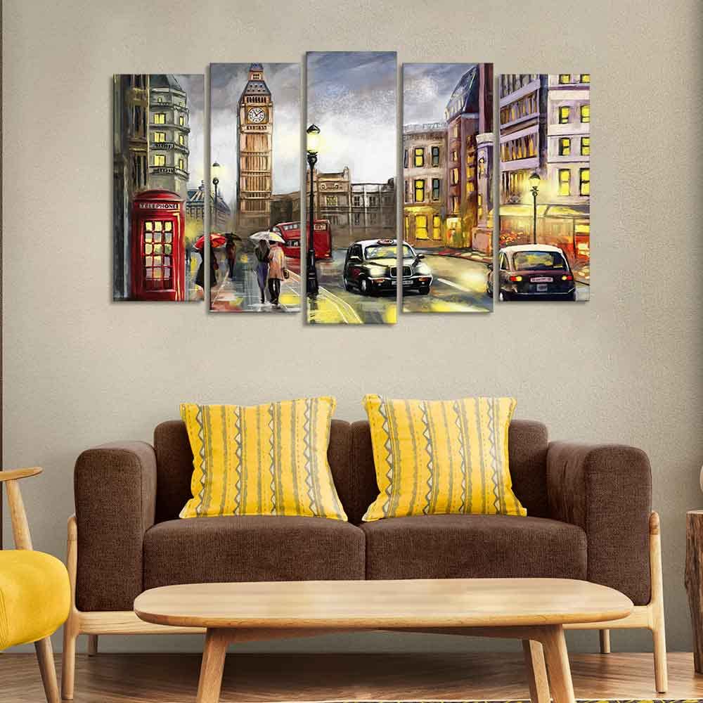 VIBECRAFTS Street View of London Canvas Wall Painting Set of Five Pieces For Home|Office|Living Room|Gift (PTVC5Pcs2_6533)