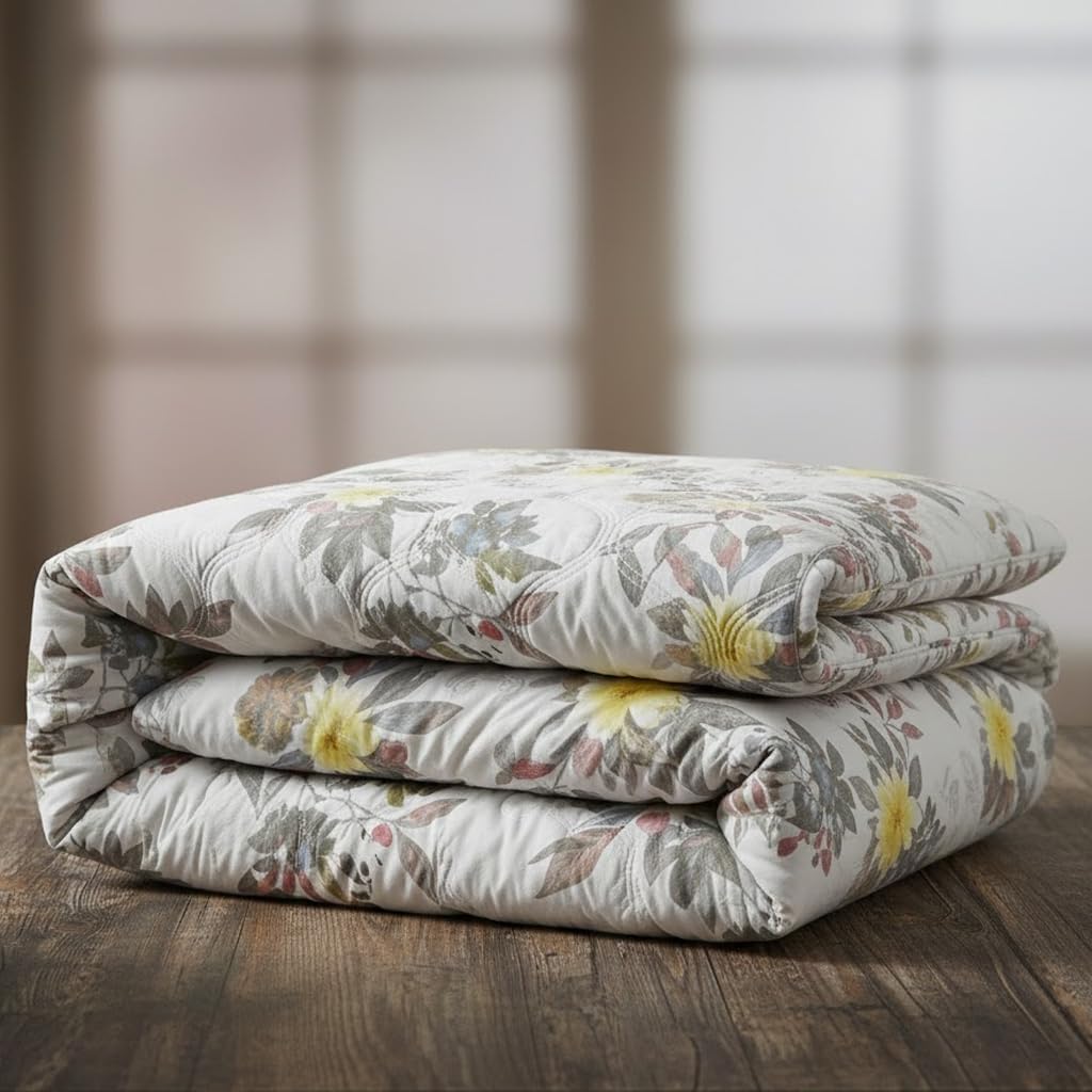 ComfyCozi 220 GSM 100% Cotton Microfibre Reversible Comforter AC Blanket for Summer/Winter/Quilt Soft Breathable Floral Print Duvet Single/Double Bed (Off White Yellow, Double Bed(230X250 CM)) Kafalo