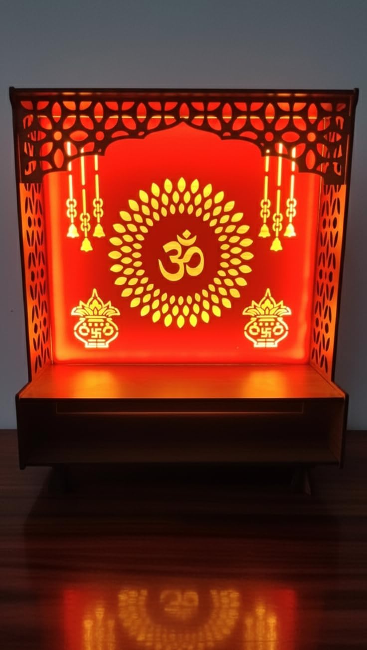 Wooden LED Light Pooja Mandir with Om Symbol and Kalash Design | Wall Mounted or Table Top Temple for Home | Decorative MDF Temple with Laser Cut Design & Drawer