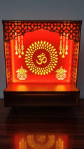 Wooden LED Light Pooja Mandir with Om Symbol and Kalash Design | Wall Mounted or Table Top Temple for Home | Decorative MDF Temple with Laser Cut Design & Drawer