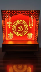 Wooden LED Light Pooja Mandir with Om Symbol and Kalash Design | Wall Mounted or Table Top Temple for Home | Decorative MDF Temple with Laser Cut Design & Drawer