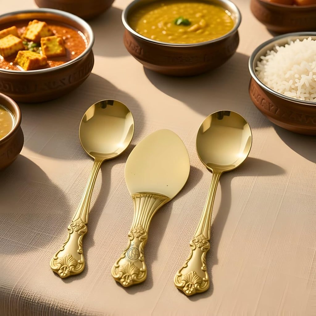 DSH Pure Brass Spoon Set of 3 Cooking and Serving Spoon Set Embossed Design for Home Hotel and Restaurant.