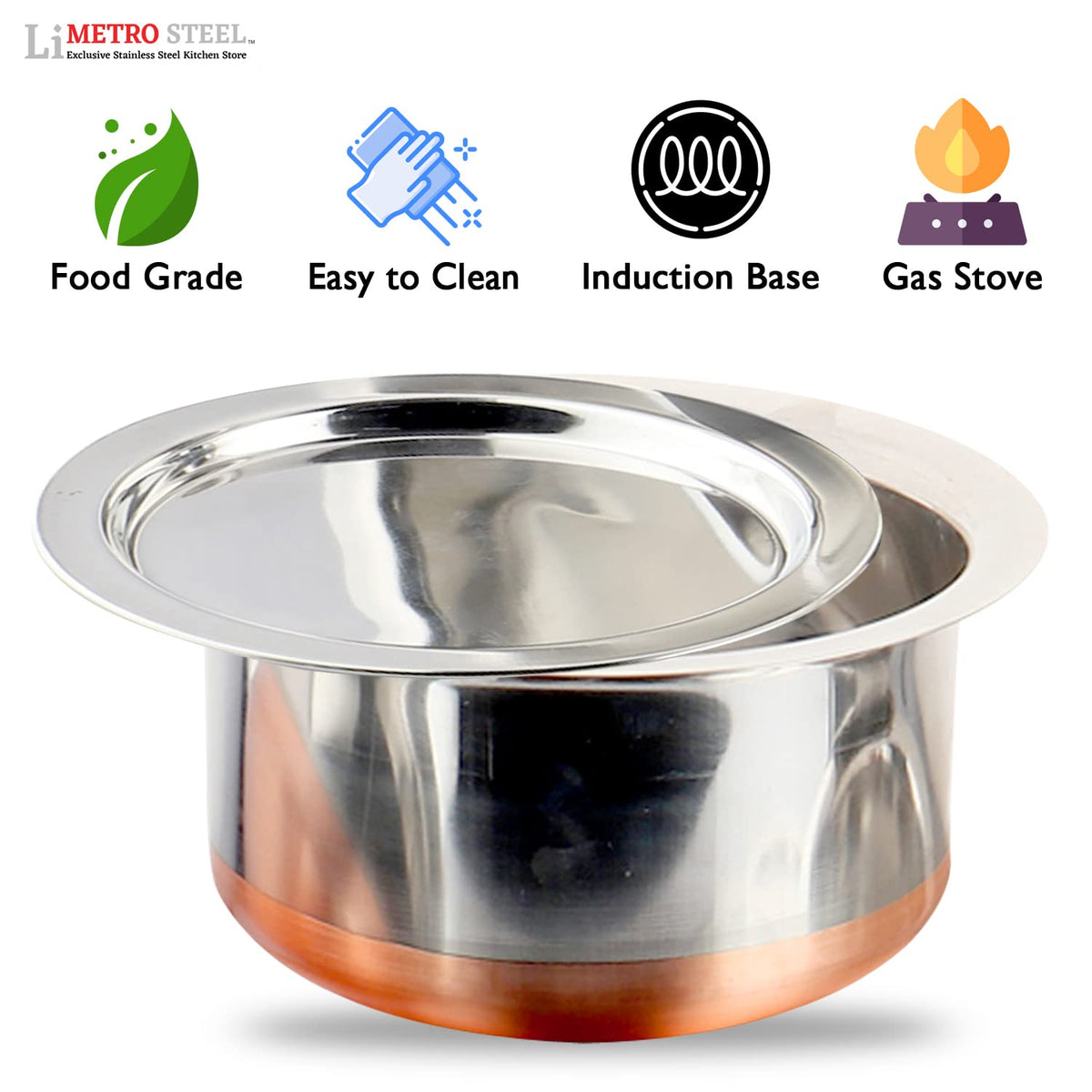 LIMETRO STEEL Set of 5 Gas Compatible Copper Base Steel Tope Set with Lid (5 Pieces, 1 Liter, 1.5 Liter, 2 Liter, 2.5 Liter, 3 Liter) Cookware Set, Stainless Steel…
