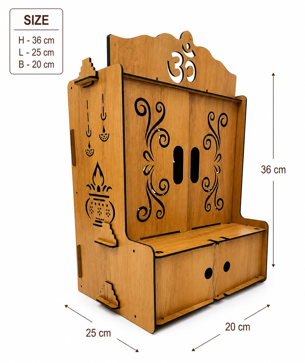 EXPRO Wooden Pooja Mandir for Home with Door | Engineered Wood Home Temple Unit with Storage Space | Wall Mounted Temple for Office & Living Room | DIY Mandap with OM & Bell Design (Brown | Design 3)