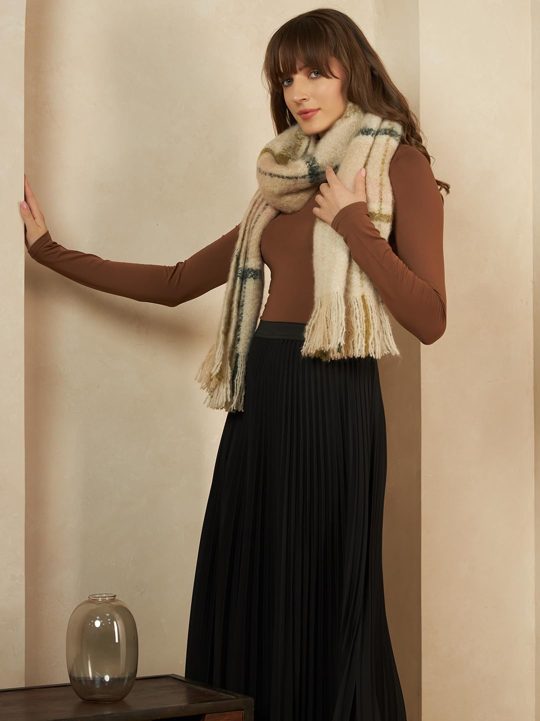 Ravaiyaa - Attitude is everything Women Reversible Acrylic Wool Scarf Winter Wear Muffler Designer Scarves 72x14 Inch (Beige Checks)