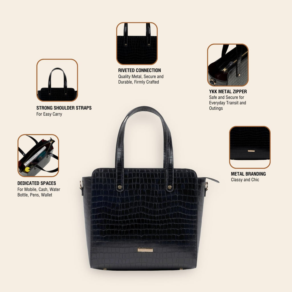 The Gusto Beyond+ Croco Mini-Premium Faux Leather Small Tote Bags For Women Stylish Handbag For Women With Zip Closure Fit For Office Bag, College, Casual Use Handcrafted, Cruelty Free, Black