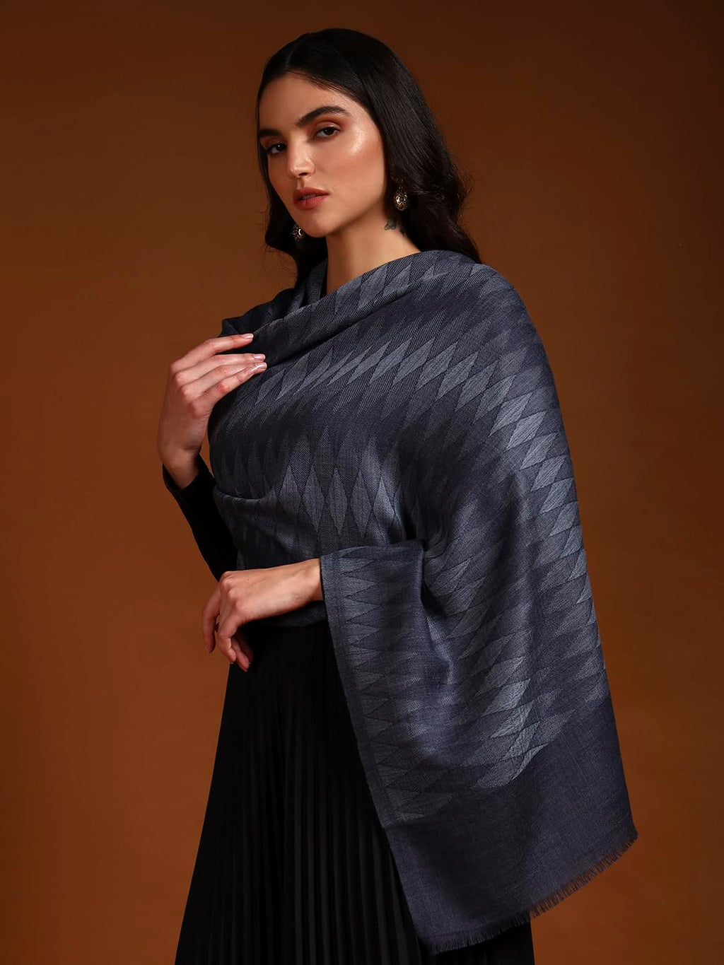 Pashmoda Women 100% Pure Wool Ikat Checkered Stole, Scarf, Wrap, Sustainable and Natural Fabric, Luxury Heritage Pashmina Gift, Evening Stole (Size 28x80 Inches, Blue 2) CHST05