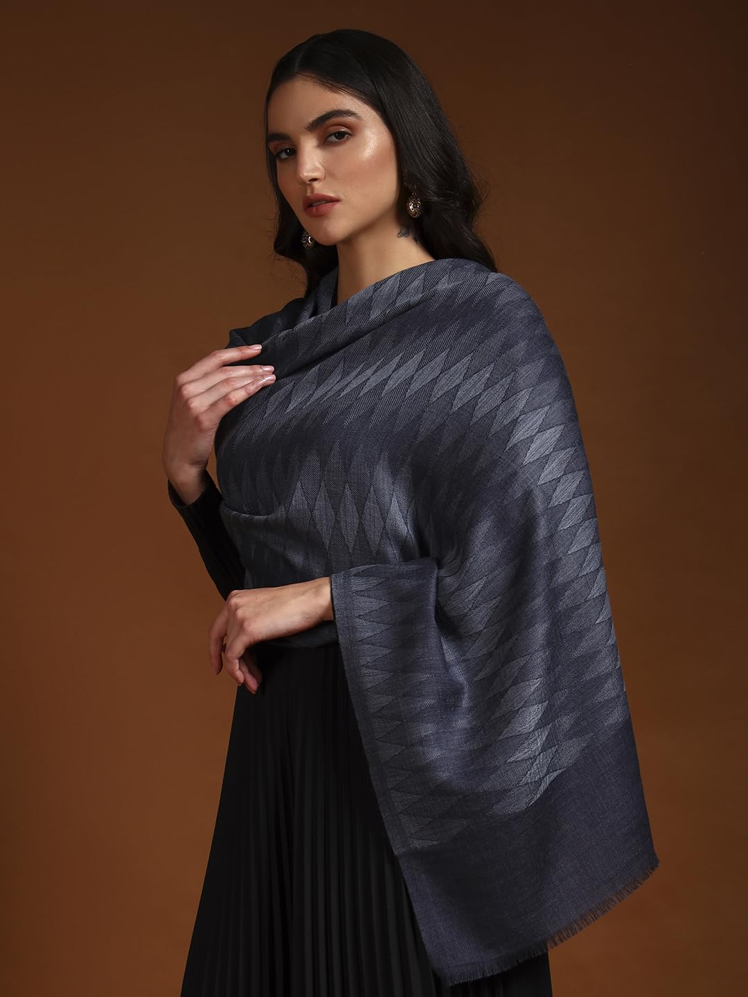 Pashmoda Women 100% Pure Wool Ikat Checkered Stole, Scarf, Wrap, Sustainable and Natural Fabric, Luxury Heritage Pashmina Gift, Evening Stole (Size 28x80 Inches, Blue 2) CHST05