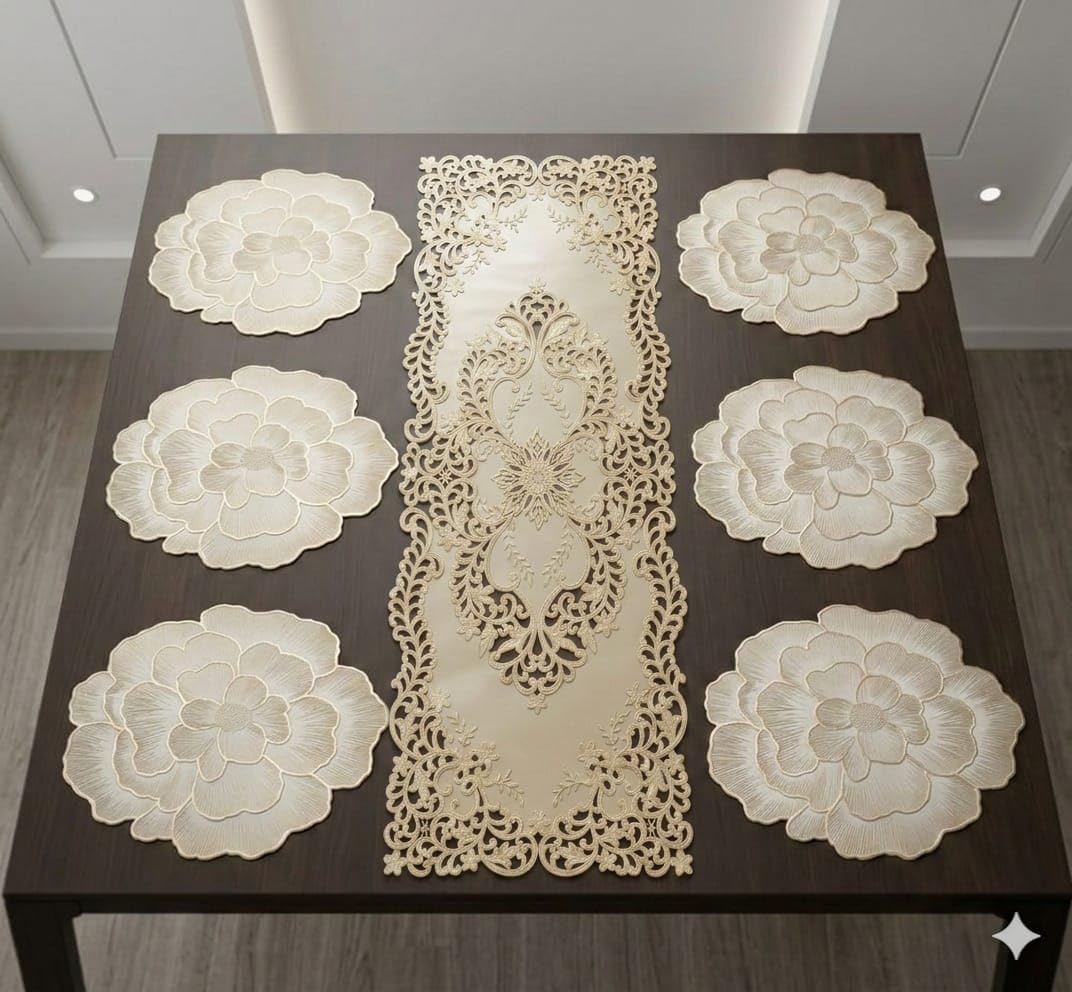 Placemat Set with Table Runner Combo for Dining Table Home Kitchen Everyday Use Table Mat Set for Dining Decoration (Pearl Rose Table mat + Royal Victoria Table Runner, Pack of 7 (6+1)) Kafalo