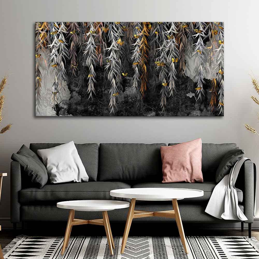 VIBECRAFTS Canvas Paintings for Living Room Drawing Room Willow Branches With Gold Butterflies Canvas Wall Painting Fitted With Wooden Frame For Home | Office | Living Room | Gifts (PTVCH_2505)